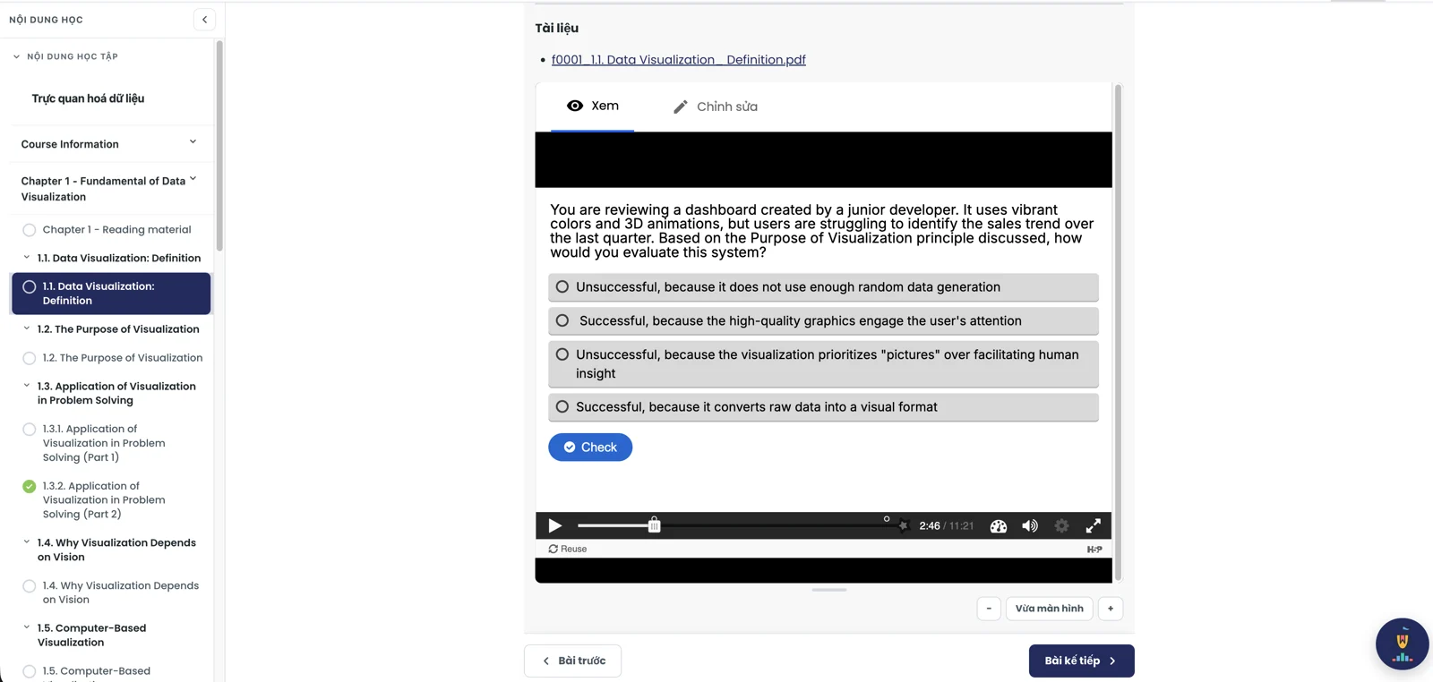 Lesson interface with course content and interactive questions on VNU-MOOC